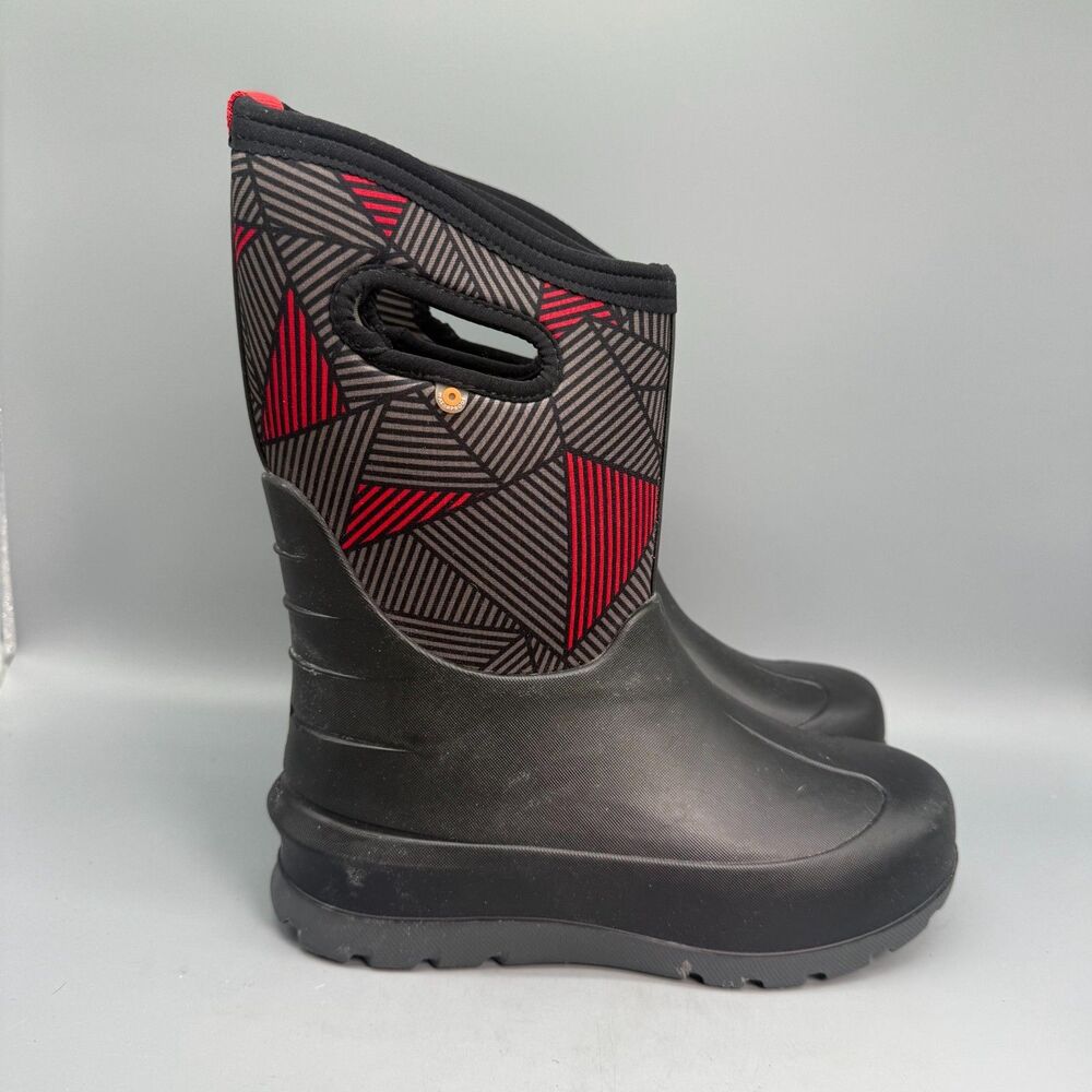 Bogs Boys Neo-Classic Big Geo Youth 5 Red Black Pull-On Waterproof Winter Boots